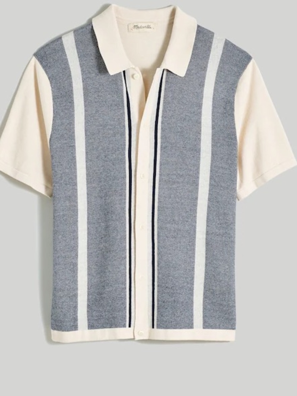 Madewell Button Up Sweater Knit Cotton Polo Cream Navy Stripe L